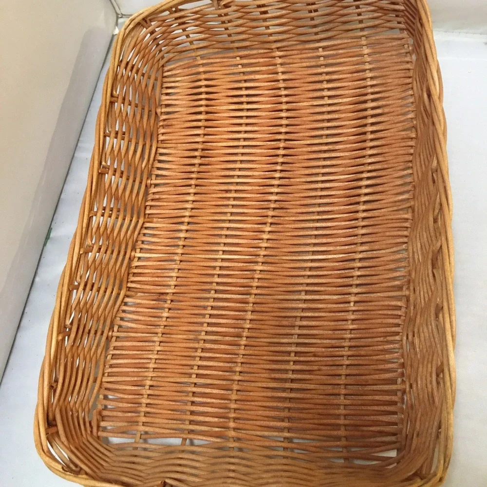 Woven Wicker Serving Tray Unisex Medium Tan Rectangular with Handles Cottagecore